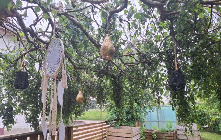 Luftige Dekorationen aus Naturmaterialien hängen von einem Baumzweig.