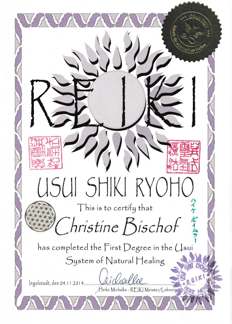 Reiki-Zertifikat für Christine Bischof, First Degree in natürlicher Heilung, 2014.