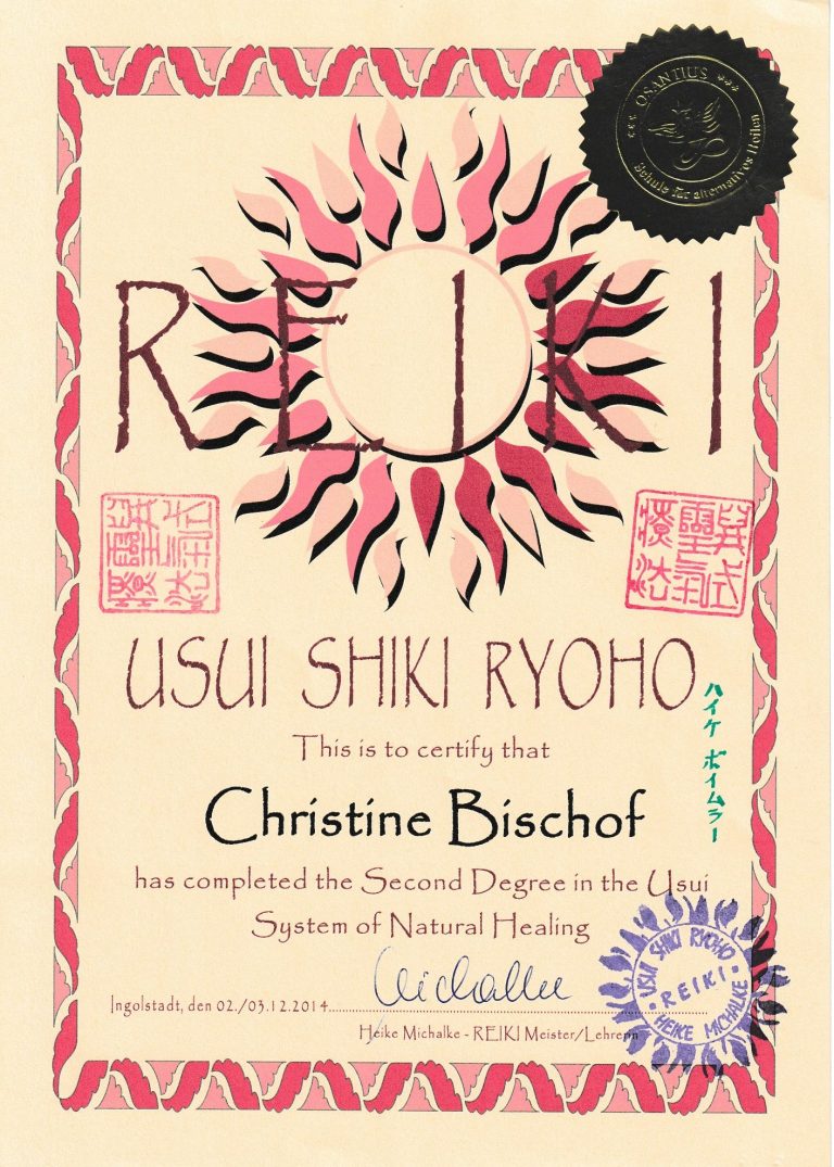Reiki-Zertifikat für Christine Bischof, Second Degree in natürlicher Heilung, 2014.