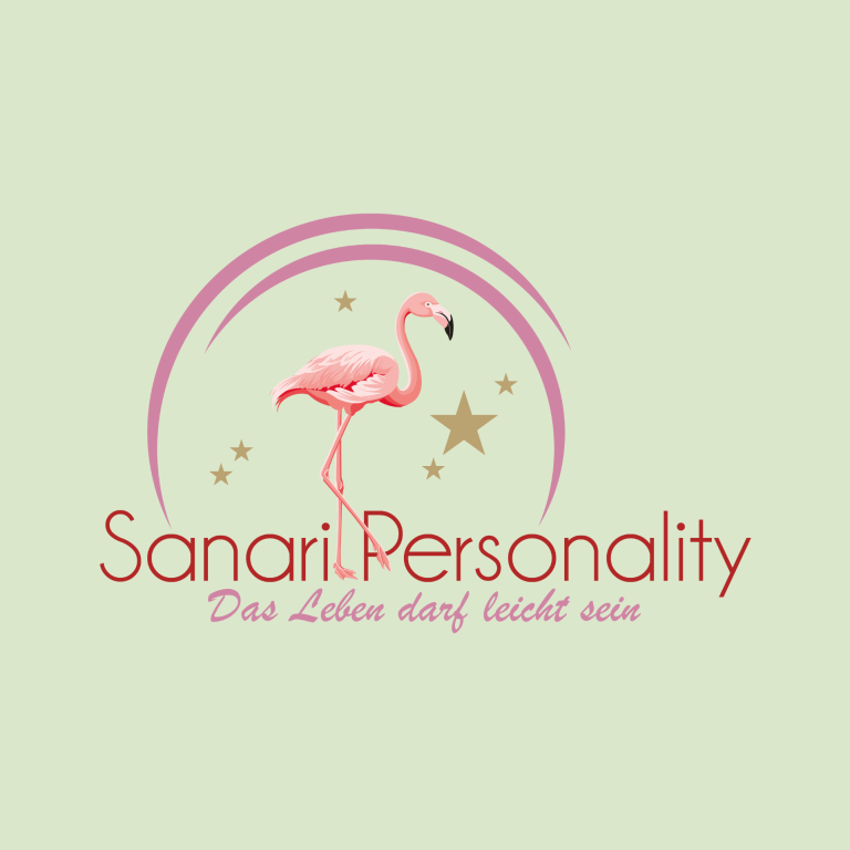 Praxis-Logo als stilisierte Illustration eines Flamingos in Rosa- und Rottönen. Der Text darunter lautet „Sanari Personality“.