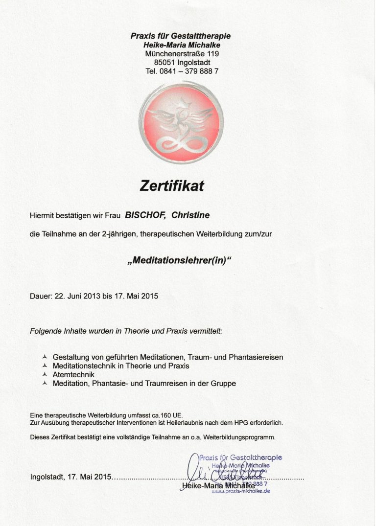 Zertifikat über die Teilnahme an einer Schulung als Meditationslehrerin, 2015.