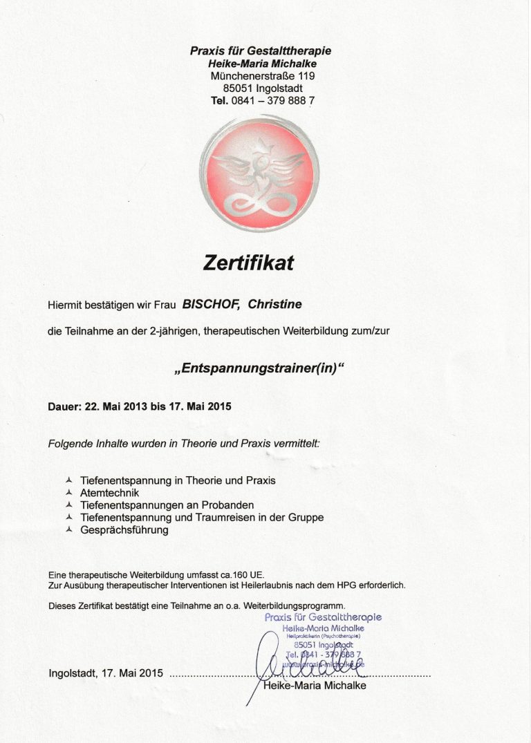 Zertifikat über die Teilnahme an einer Schulung als Entspannungstrainerin, 2015.